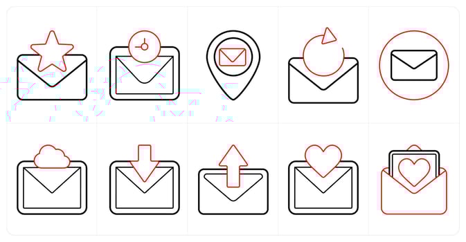A set of 10 mix icons as favorite message, mail, message location in red line color vector