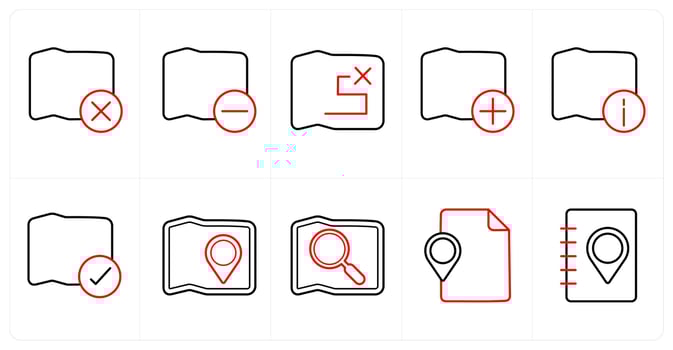 A set of 10 Navigation icons as wrong map, map, wrong route in red line color vector