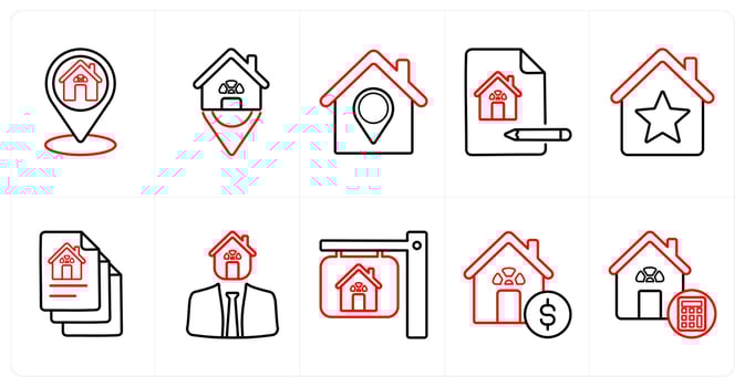 A set of 10 Real Estate icons as location, house location, property location in red line color vector