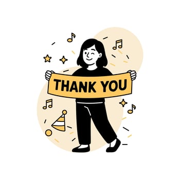 smiling woman holding a THANK YOU banner with festive elements like stars, music notes, and party icons vector