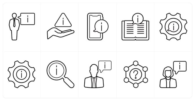 A set of 10 Customer Support icons as nformation, information support, instruction manual in black line color vector