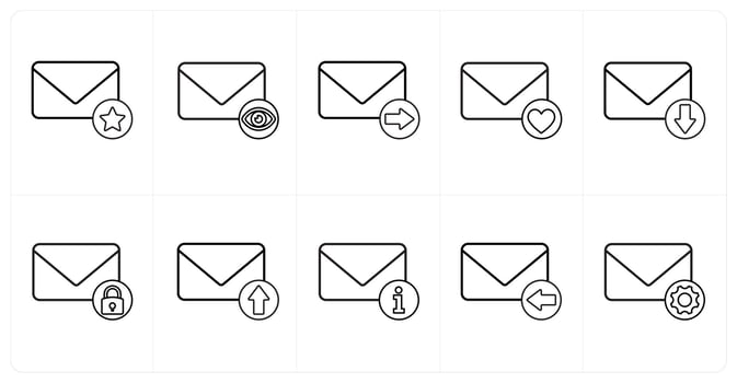 A set of 10 mail icons as star mail, view mail, send mail in black line color vector