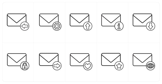 A set of 10 mail icons as received mail, mail setting, send mail in black line color vector