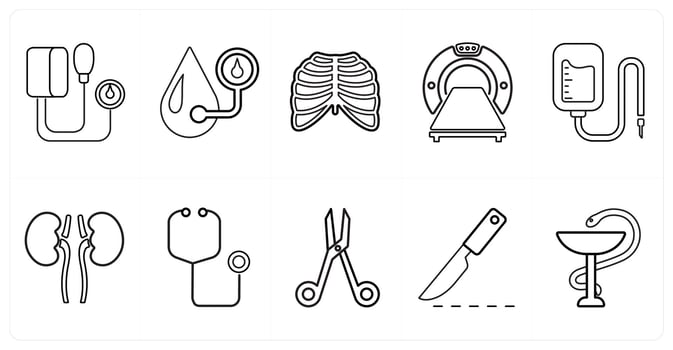 A set of 10 medical icons as blood pressure kit, blood pressure, radiology in black line color vector