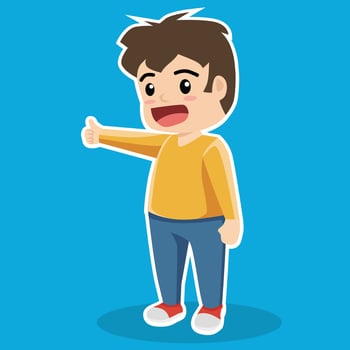 Young boy with giving a thumbs up gesture. Wearing yellow long sleeve shirt blue pants and red shoes. He is smiling with an open mouth and a bright blue background. vector