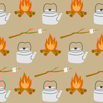 Cozy campfire setting with kettle and marshmallows in outdoor wilderness vector