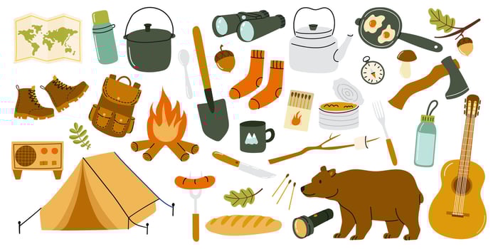 Camping gear and essentials arranged on a white background for outdoor adventure planning vector