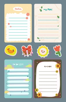 Cute pastel journaling set with kawaii notes, stickers, and labels in soft colors, perfect for planners, scrapbooks, school projects, and DIY decorative crafts vector