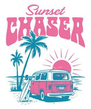 Sunset Chaser Pink Surf Van with Surfer and Tropical Beach Sunset Scene png