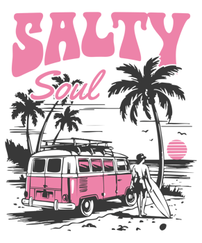 Salty Soul Surf Van and Surfer at Sunset with Palm Trees and Tropical Vibes png