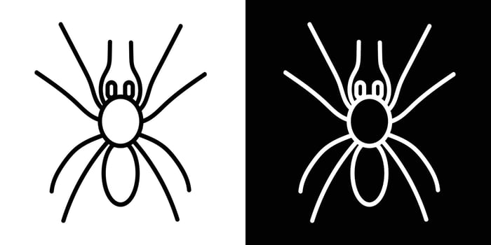 Spider icon in black and white. Stylized eight-legged arachnid design, symmetrical and minimalistic. Ideal for Halloween themes, creepy-crawly graphics, biology content, or insect-related designs. vector