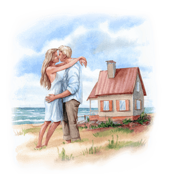 Young couple kissing on the seashore near the little house png