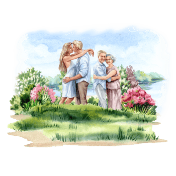 Young and elderly couple standing on the blooming green Lawn png