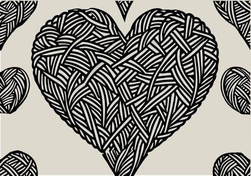 Intricate Black and White Heart Design with Yarn Balls. vector