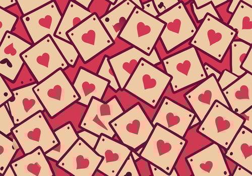 Playful Pattern of Overlapping Playing Cards with Hearts. vector