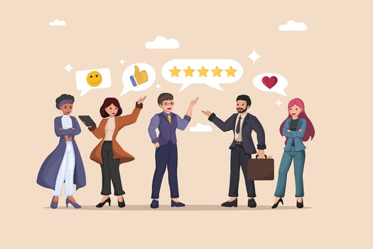 Concept Positive Feedback Professionals Expressing Satisfaction with Smiley Faces, Thumbs Up, Five-Star Ratings. vector