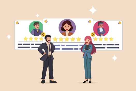 Customer Testimonials and Ratings Business Professionals Presenting Positive Feedback with Five Star Reviews and Thumbs-Up Icons from Satisfied Clients. vector