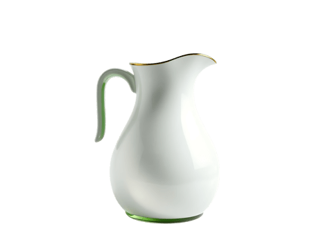 Elegant white ceramic pitcher with gold trim and a green handle png