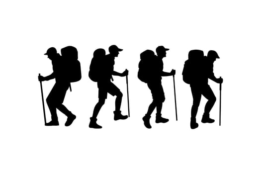 Silhouettes of Hikers Trekking Through Mountainous Terrain vector