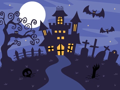 Halloween background or banner concept with castle, graveyard and bats. vector