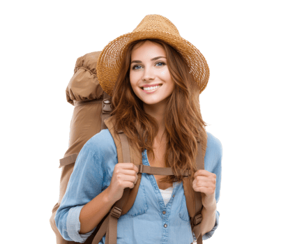 Smiling young woman wearing a straw hat and backpack outdoors png