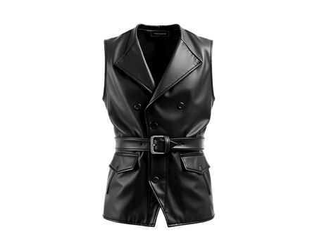 Black Leather Sleeveless Vest with Belt and Pockets png