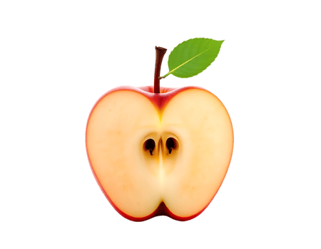 A cross section of a vibrant red apple with a green leaf and transparent background. png