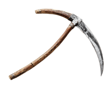 Traditional farming sickle with wooden handle and metal blade png