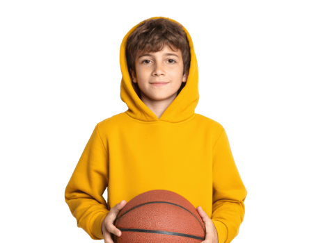 Young boy in yellow hoodie holding basketball for sports activities png