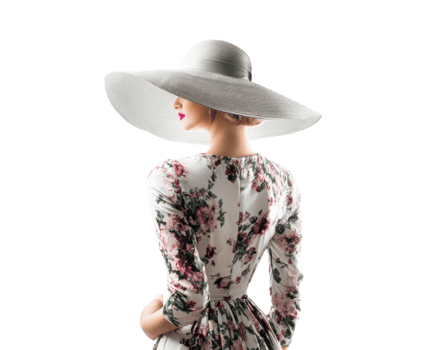 Elegant woman wearing a large sun hat and floral dress png