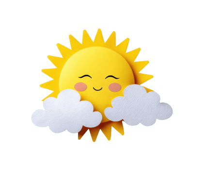 Cheerful sun with smiling face and fluffy clouds for cheerful designs png