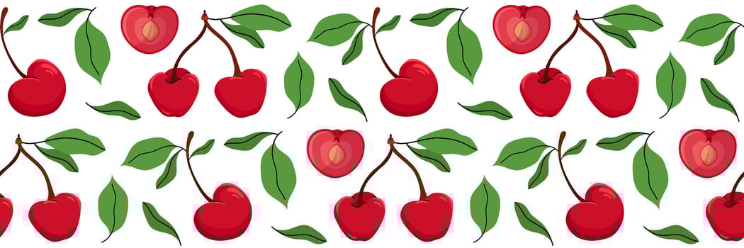 Seamless pattern with cherry, whole and one sliced in half showing pit. Spring garden background. Perfect for textile, menu, packaging, kitchen design. Cartoon illustration. vector