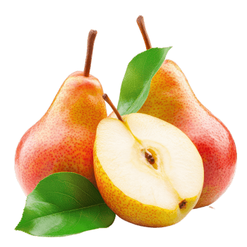 Fresh pears with vibrant skin and green leaves isolated on a transparent background for a clean and appealing look, pears isolated on transparent background png