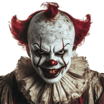 A creepy clown with sinister eyes and bright red hair stands against a transparent background, evoking fear and suspense, Scary Clown Isolated on transparent background png