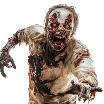 A terrifying zombie with glowing eyes reaching out against a stark transparent background, Scary zombie on transparent background png