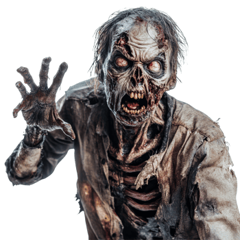 A terrifying zombie reaching out in a haunting gesture against a stark transparent background, Scary Zombie isolated on transparent background png