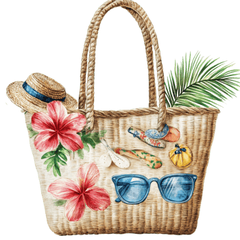 Stylish beach bag with accessories featuring tropical flowers and sunglasses perfect for summer outings, file no background Stylish beach bag with accessories png