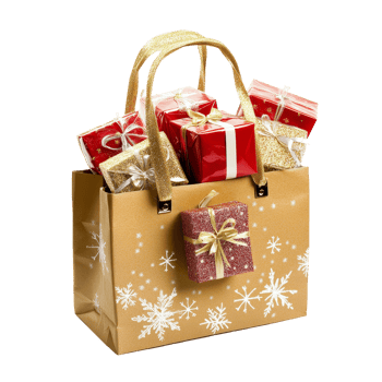 A festive shopping bag filled with beautifully wrapped gifts for the holiday season on a transparent background, Shopping bag full of gifts isolated on with background png
