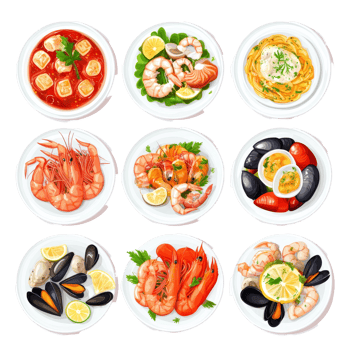 A delightful seafood platter featuring shrimp, squid, and mussels garnished with lemon and fresh herbs, plates with seafood cuisine dish, shrimps, squid, mussels, isolated on transparent background png