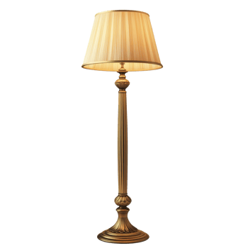 A stylish floor torchiere lamp features a decorative golden base and a softly pleated beige shade, floor torchiere lamp isolated on transparent background png