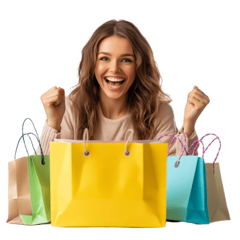 Cheerful woman celebrating her successful online shopping experience with colorful bags at home, file no backgroundCheerful woman doing online shopping png