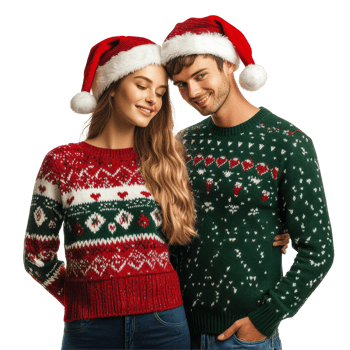 Loving couple celebrating Christmas in festive sweaters and Santa hats, radiating joy and holiday spirit together, Loving Couple in Christmas Sweaters and Santa Hats On transparent background png
