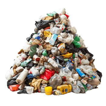 Towering pile of assorted trash junk isolated against a transparent background, highlighting urban waste challenges and environmental issues, towering pile of trash junk isolated on transparent png