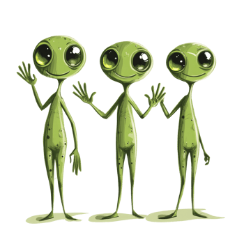 Friendly alien characters waving joyfully against a clean transparent background in a whimsical design, Alien Characters Waving on transparent background png