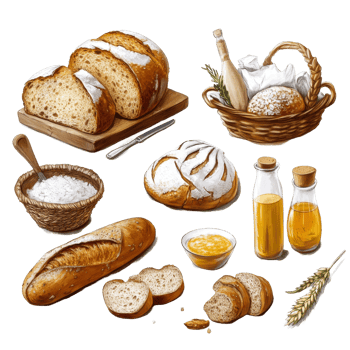 Creative display of breads, oils, and ingredients, highlighting culinary diversity, Bread and others ingredient png