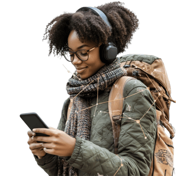 A joyful traveler connects with friends while exploring new destinations in a cozy, outdoor setting, file no background Traveling woman connecting with her smartphone png