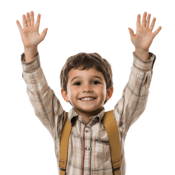 Happy boy student raising hands enthusiastically during a classroom activity on a bright background, Boy Student Raising Hands on transparent background png