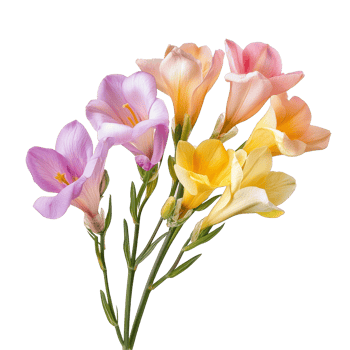 Beautiful freesia flowers in various pastel hues against a transparent background ideal for floral decoration and arrangements, freesia flowers isolated transparent background png