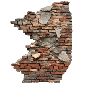 Cracked and damaged stone brick wall showcasing weathering and deterioration over time, collapsed, cracked, damaged or broken stone brick wall, isolated on transparent background png