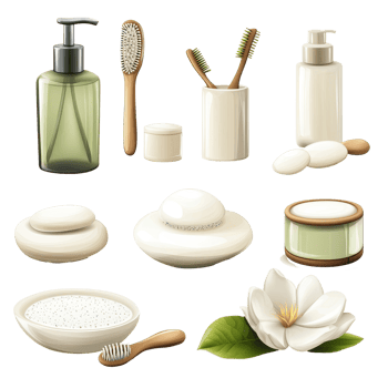 A day spa collection featuring natural beauty products and tools for relaxation and skincare routines, day spa set, file of isolated object with shadow on transparent background png